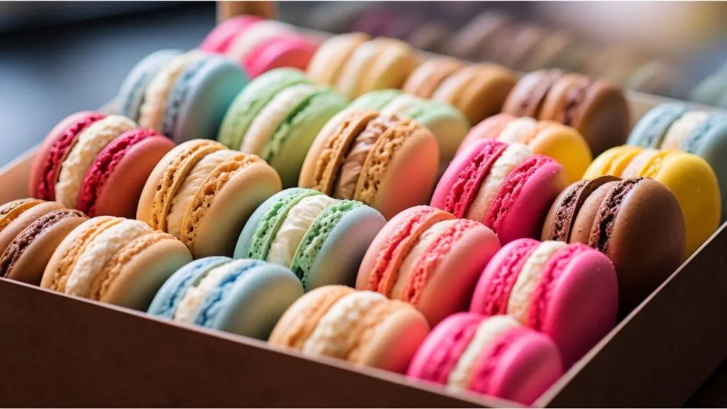 o que é macaron: caixa com macarons coloridos e de vários sabores.