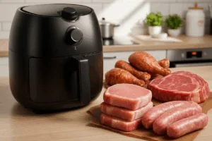 Como fazer churrasco na AirFryer: carnes e fritadeira em cozinha.
