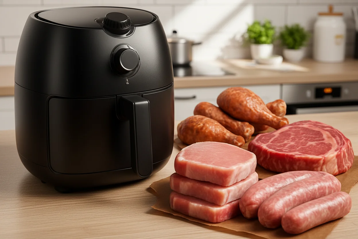 Como fazer churrasco na AirFryer: carnes e fritadeira em cozinha.